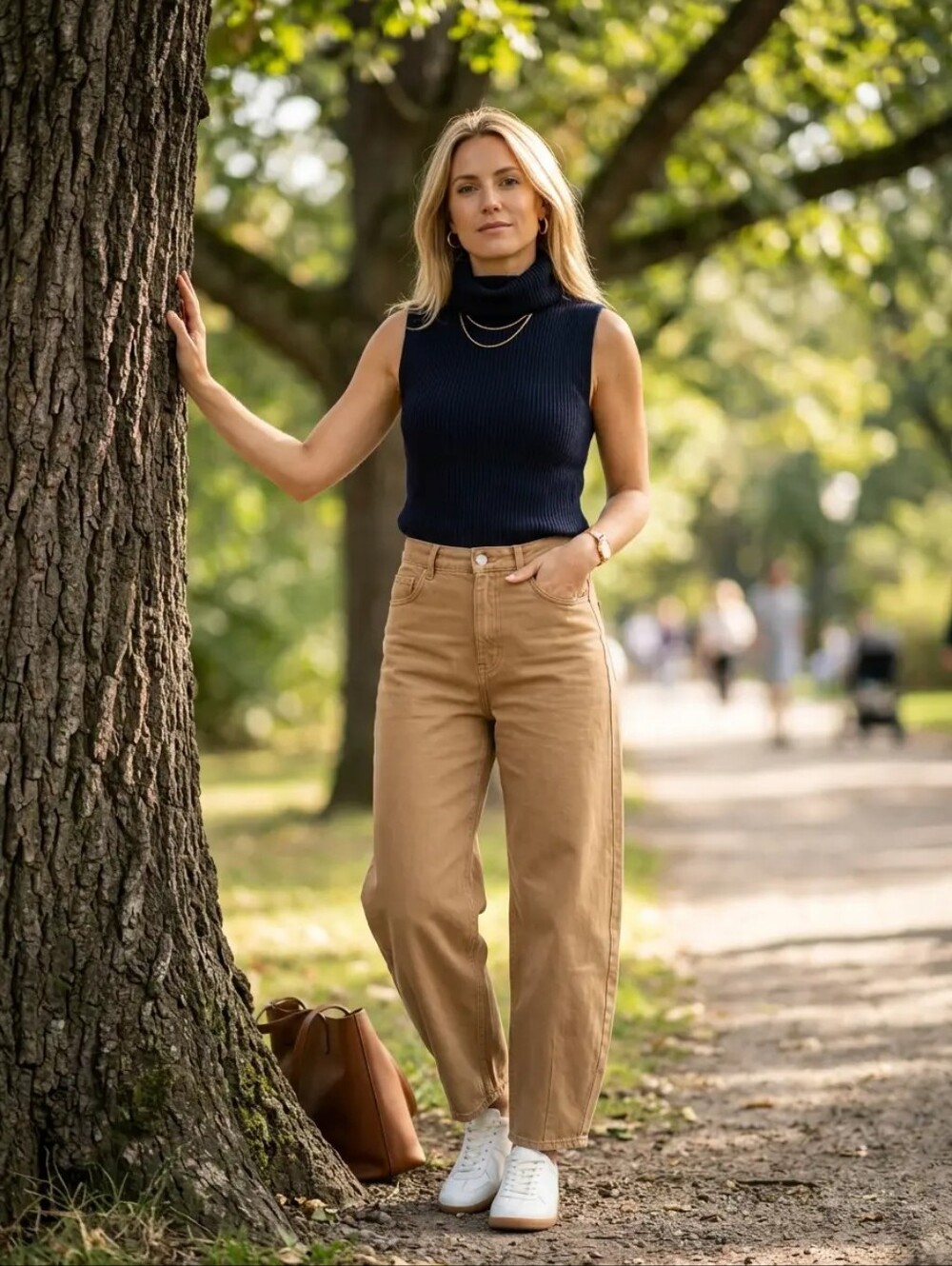 Sleeveless Turtleneck Rib Knit Sweater - Navy